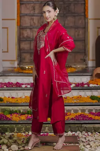 Embroidered Sequinned Straight Kurta With Trousers & Dupatta