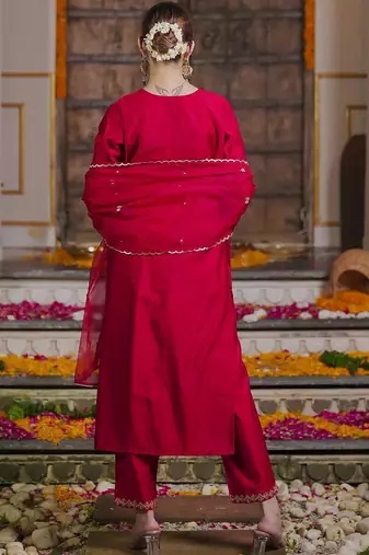 Embroidered Sequinned Straight Kurta With Trousers & Dupatta