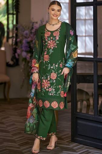 Women Floral Embroidered Regular Thread Work Kurta with Trousers & With Dupatta