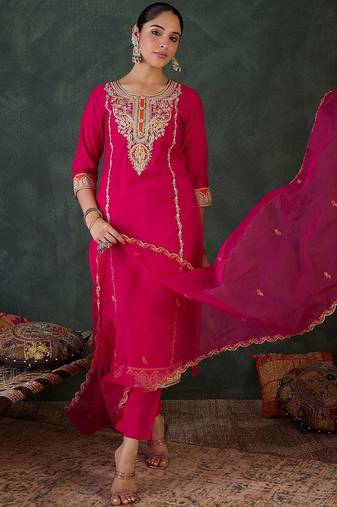 Women Ethnic Motifs Embroidered Regular Kurta with Trousers & With Dupatta