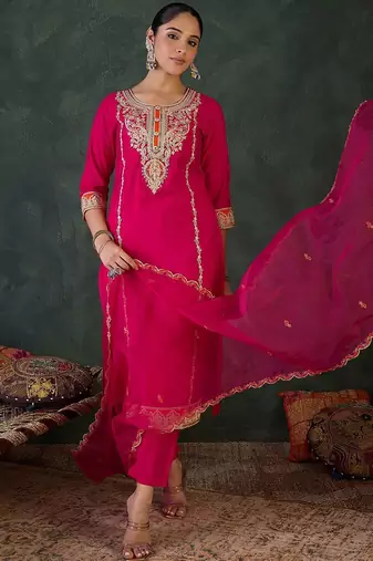 Women Ethnic Motifs Embroidered Regular Kurta with Trousers & With Dupatta