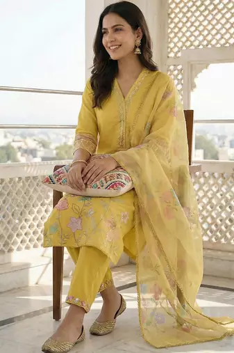 Women Floral Embroidered Regular Thread Work Kurta with Trousers & With Dupatta