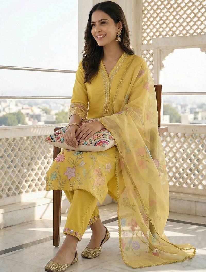 Women Floral Embroidered Regular Thread Work Kurta with Trousers & With Dupatta