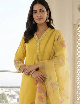 Women Floral Embroidered Regular Thread Work Kurta with Trousers & With Dupatta 3