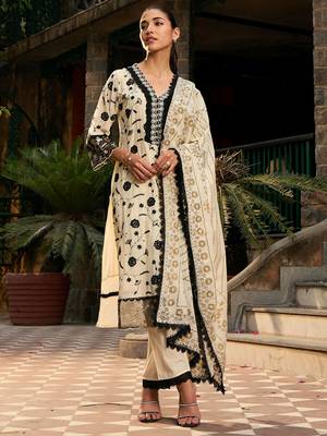 V Neck Floral Embroidered Thread Work Pure Cotton Kurta with Trouser & Dupatta 1