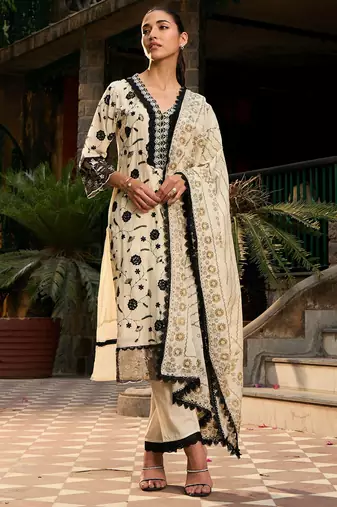V Neck Floral Embroidered Thread Work Pure Cotton Kurta with Trouser & Dupatta