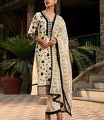 V Neck Floral Embroidered Thread Work Pure Cotton Kurta with Trouser & Dupatta