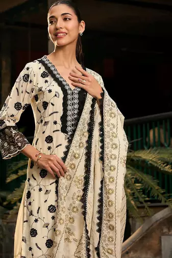 V Neck Floral Embroidered Thread Work Pure Cotton Kurta with Trouser & Dupatta