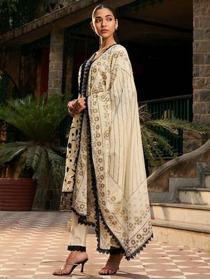 V Neck Floral Embroidered Thread Work Pure Cotton Kurta with Trouser & Dupatta 4
