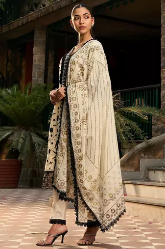 V Neck Floral Embroidered Thread Work Pure Cotton Kurta with Trouser & Dupatta