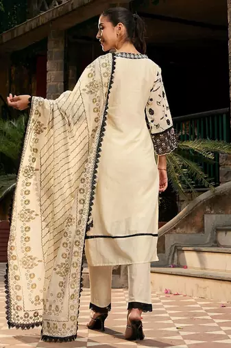 V Neck Floral Embroidered Thread Work Pure Cotton Kurta with Trouser & Dupatta