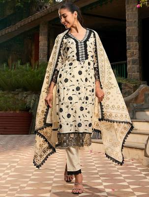V Neck Floral Embroidered Thread Work Pure Cotton Kurta with Trouser & Dupatta 6