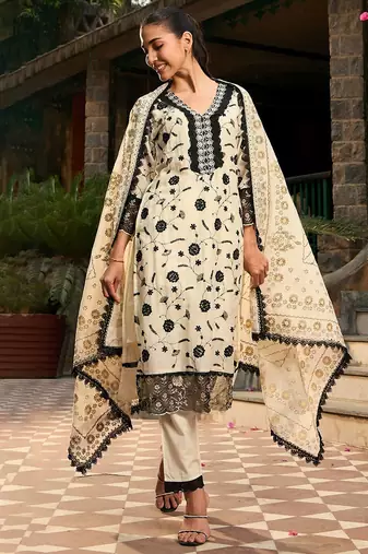 V Neck Floral Embroidered Thread Work Pure Cotton Kurta with Trouser & Dupatta