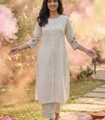 Women Striped Regular Thread Work Kurta with Trousers