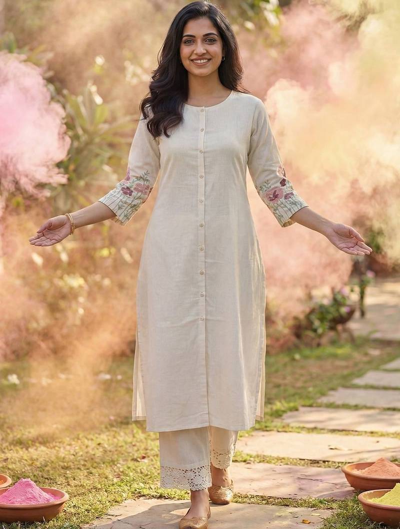Women Striped Regular Thread Work Kurta with Trousers