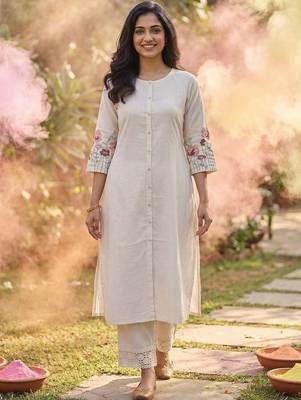 Women Striped Regular Thread Work Kurta with Trousers 6