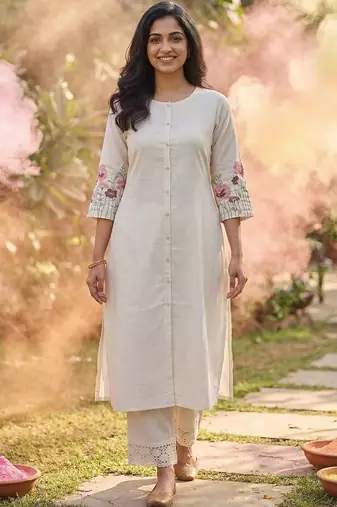 Women Striped Regular Thread Work Kurta with Trousers
