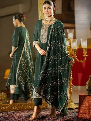 Ethnic Motifs Embroidered Regular Anarkali Kurta With Trousers & Dupatta 1