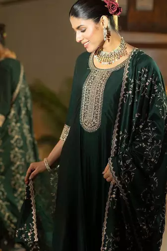 Ethnic Motifs Embroidered Regular Anarkali Kurta With Trousers & Dupatta