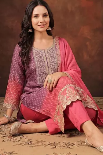 Women Bandani Print Regular Gotta Patti Kurta with Trousers & Dupatta