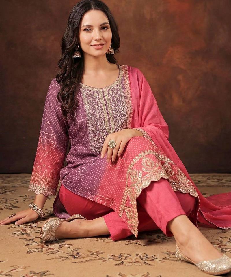 Women Bandani Print Regular Gotta Patti Kurta with Trousers & Dupatta