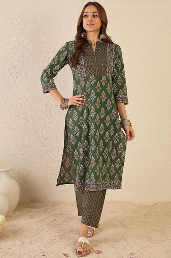 Women Floral Printed Regular Sequinned Detail Pure Cotton Kurta with Trousers