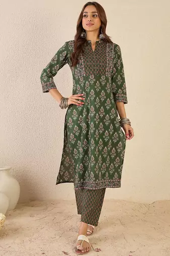 Women Floral Printed Regular Sequinned Detail Pure Cotton Kurta with Trousers