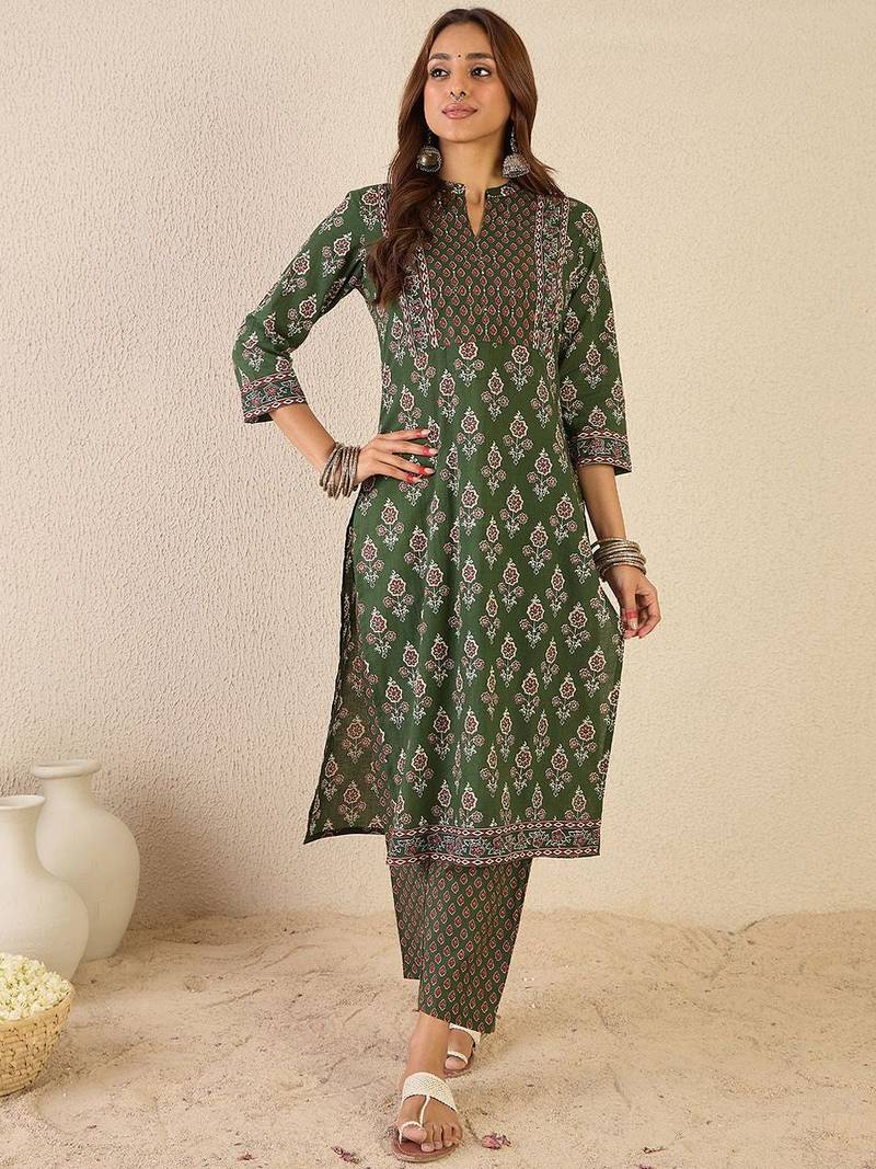 Women Floral Printed Regular Sequinned Detail Pure Cotton Kurta with Trousers