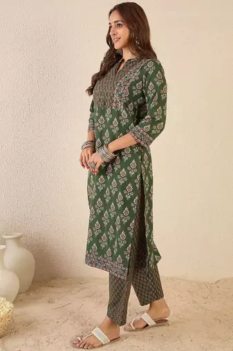 Women Floral Printed Regular Sequinned Detail Pure Cotton Kurta with Trousers