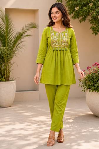 parrot green cotton blend with embroidery work embroidery co-ord set