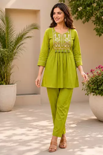 parrot green cotton blend with embroidery work embroidery co-ord set