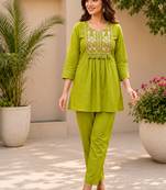 parrot green cotton blend with embroidery work embroidery co-ord set