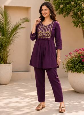  purple cotton blend with embroidery work embroidery co-ord set 1