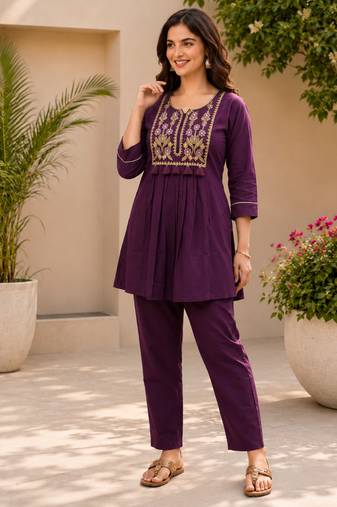  purple cotton blend with embroidery work embroidery co-ord set