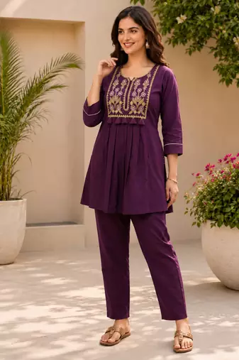 purple cotton blend with embroidery work embroidery co-ord set