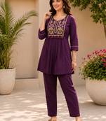  purple cotton blend with embroidery work embroidery co-ord set