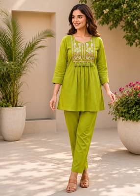 parrot green cotton blend with embroidery work embroidery co-ord set 2
