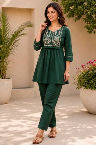  teal green cotton blend with embroidery work embroidery co-ord set