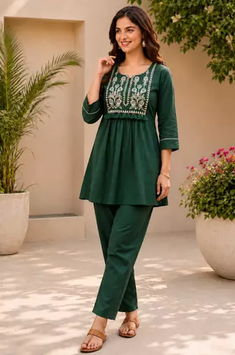  teal green cotton blend with embroidery work embroidery co-ord set