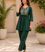  teal green cotton blend with embroidery work embroidery co-ord set