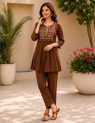 brown cotton blend with embroidery work embroidery co-ord set 1