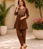 brown cotton blend with embroidery work embroidery co-ord set