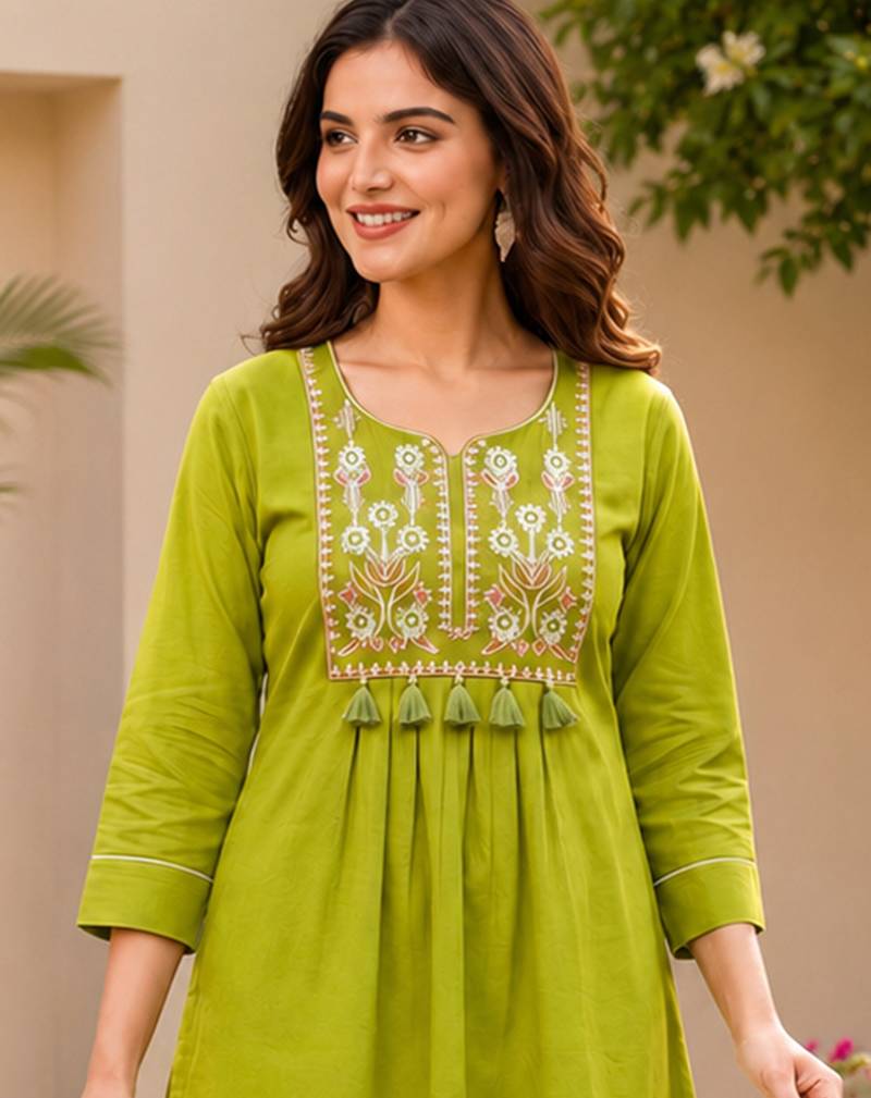 parrot green cotton blend with embroidery work embroidery co-ord set