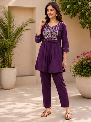 violet cotton blend with embroidery work embroidery co-ord set 1