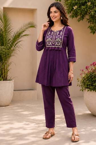 violet cotton blend with embroidery work embroidery co-ord set