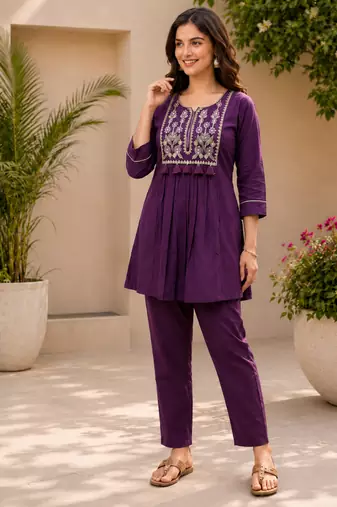 violet cotton blend with embroidery work embroidery co-ord set