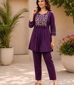 violet cotton blend with embroidery work embroidery co-ord set