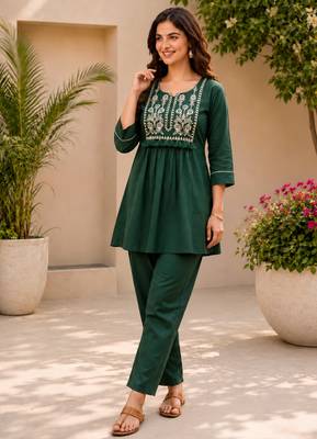  teal green cotton blend with embroidery work embroidery co-ord set 2