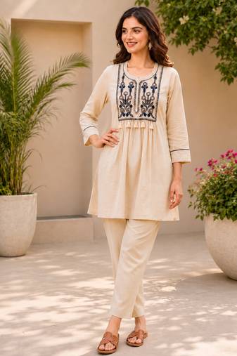  beige cotton blend with embroidery work embroidery co-ord set