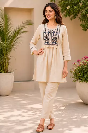  beige cotton blend with embroidery work embroidery co-ord set